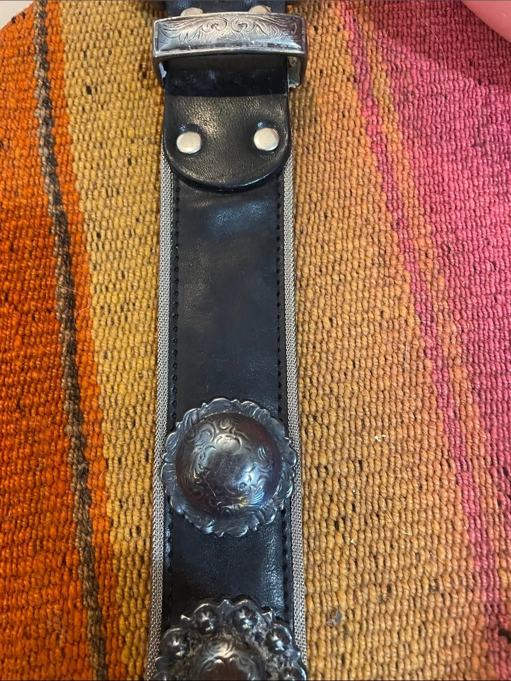 Another Line Black Western Faux Leather Belt with Engraved Pewter Conchos